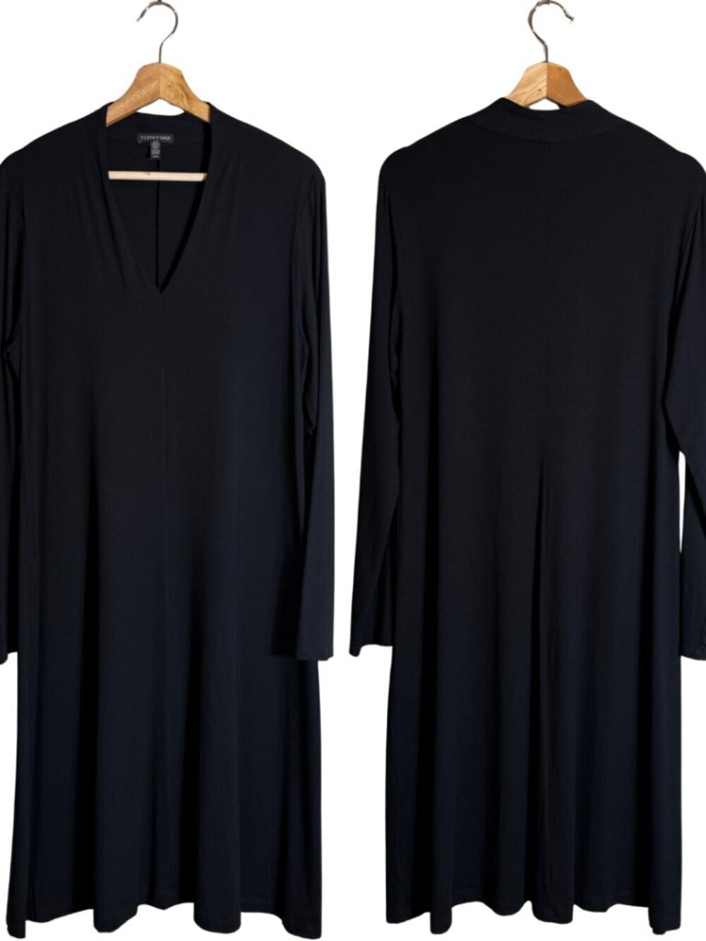 Eileen Fisher Viscose Jersey V-Neck Midi Dress Womens Medium Black Designer NWOT